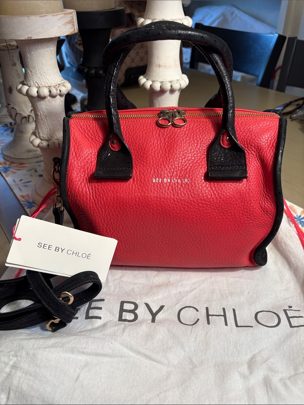 See By Chloé Red and Black Pebbled Leather Mini Satchel